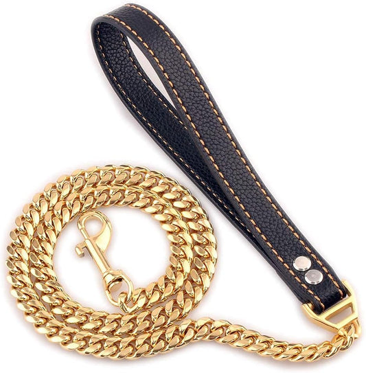 3FT Dog Gold Chain Metal Dog Leash with Comfortable Padded Handle for Small Medium and Large Dogs, Heavy Duty Stainless Steel Cuban Link anti Pull Dog Rope Leash